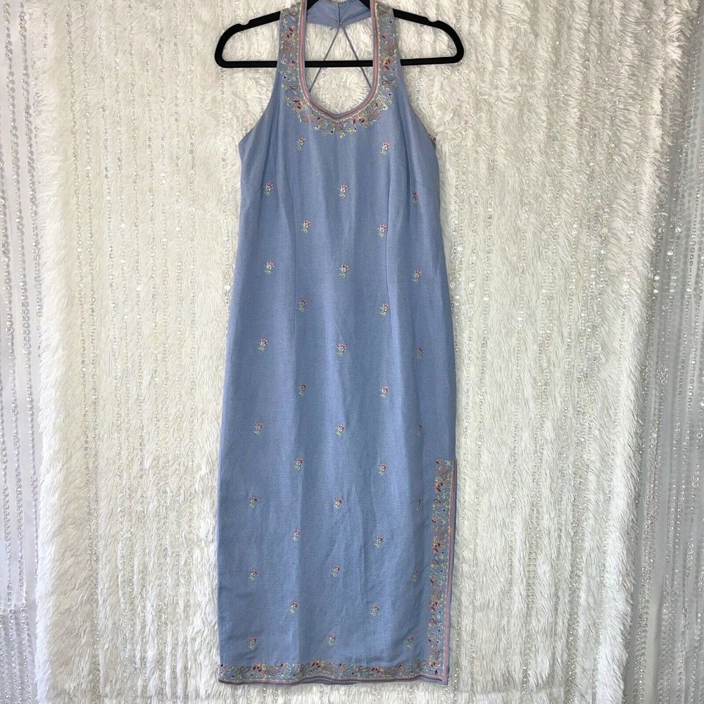 Kenar Sleeveless Embroidered Midi Dress Women’s Size 4 Blue Floral Linen